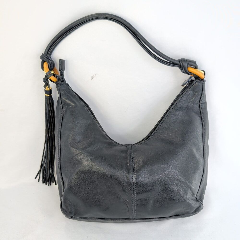Lederer de Paris Shoulder Bag Black Leather Hobo Tassel Resin Ring Vintage Women